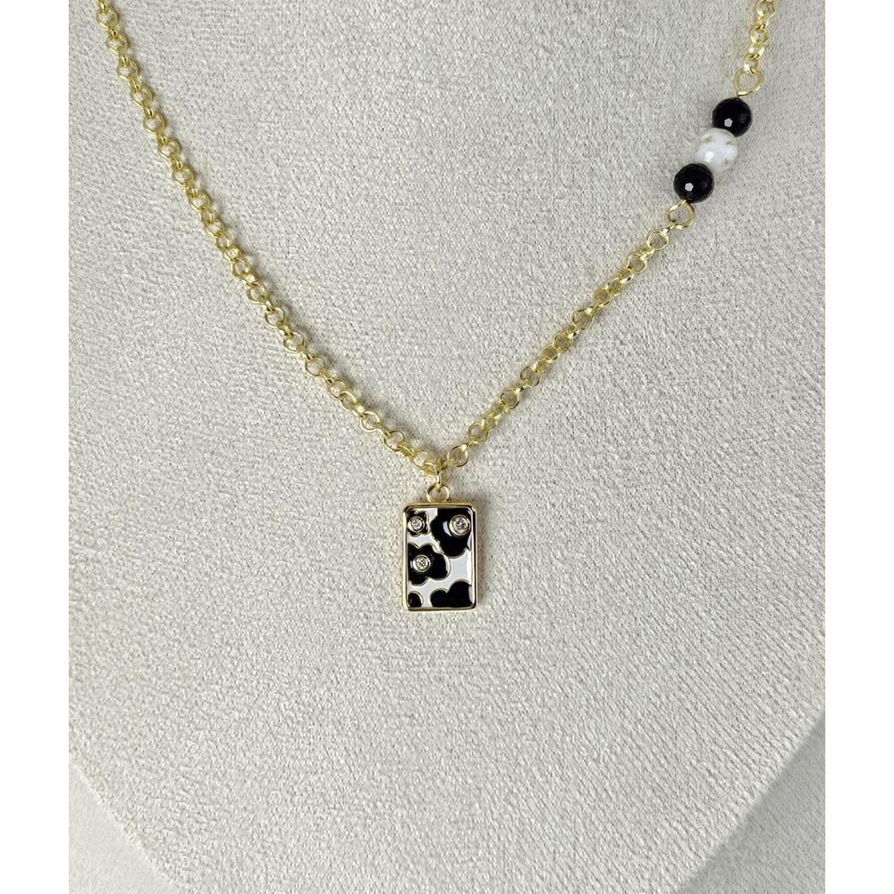 Black White Statement Necklace Flowers Enamel CZ Gold Plated Adjustable Chain